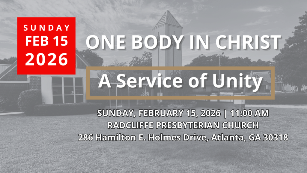 "One Body in Christ" Unity Service flyer featuring a gray-scale image of Radcliffe Presbyterian Church.